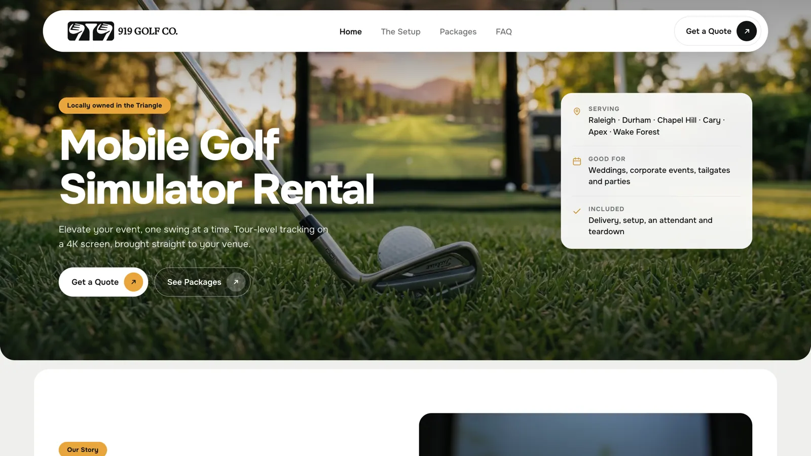 The 919 Golf Co site, showing the mobile golf simulator hero and service area.