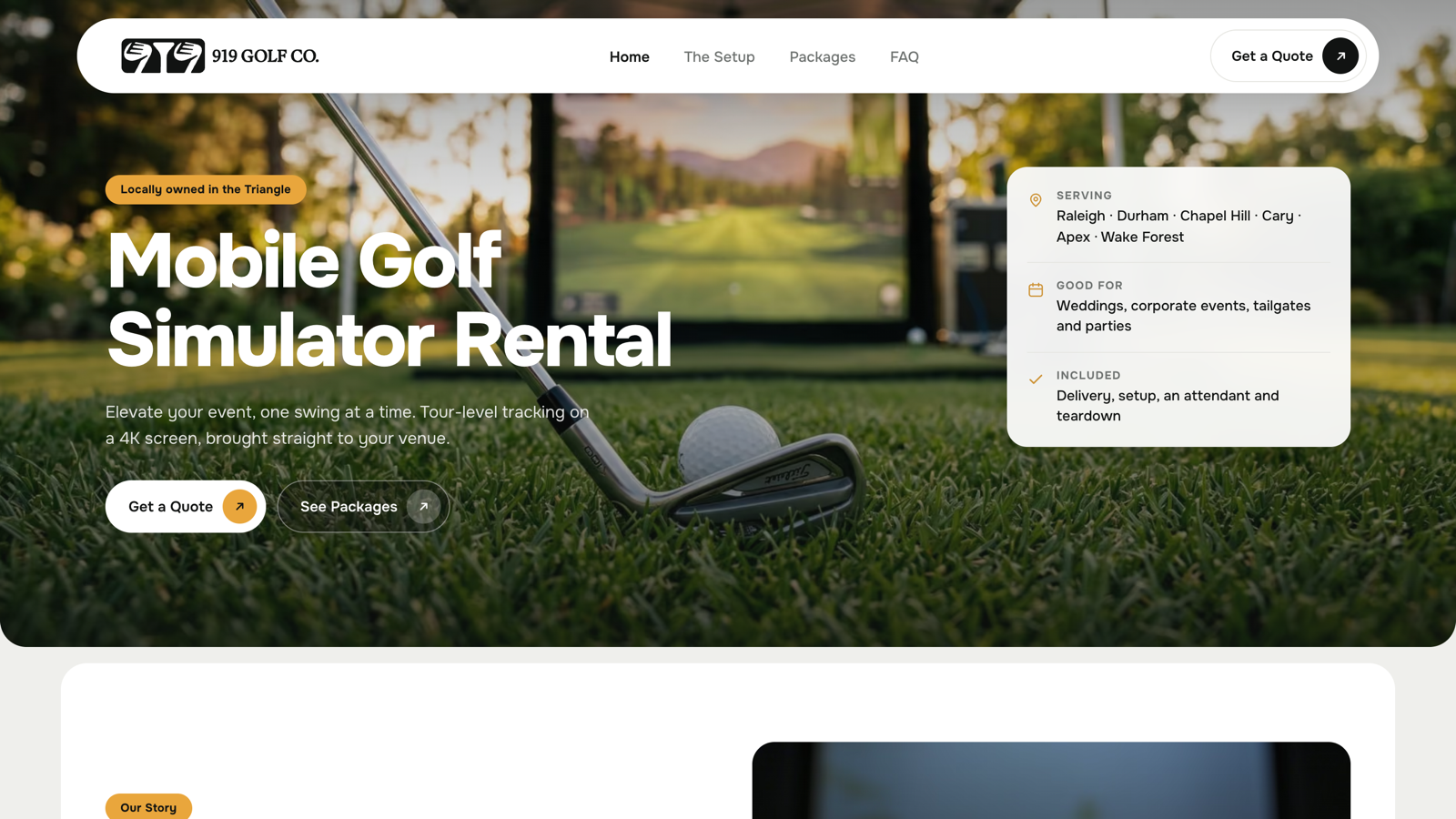 The 919 Golf Co site, showing the mobile golf simulator hero and service area.