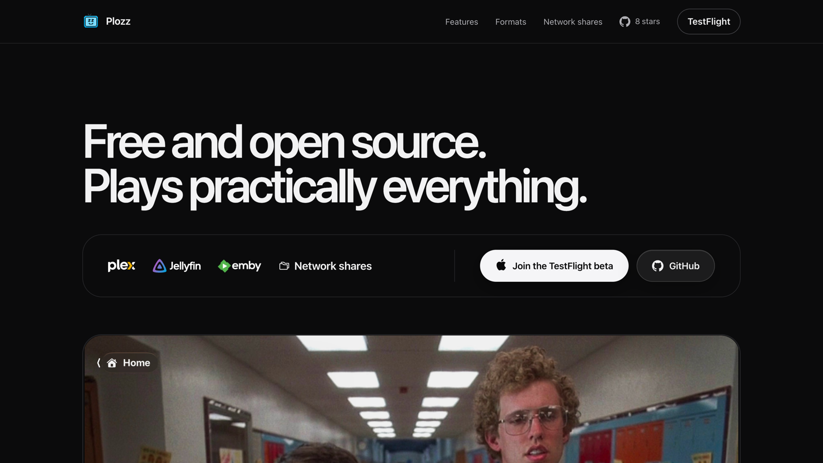 The Plozz marketing site, showing its dark hero and the media servers it supports.